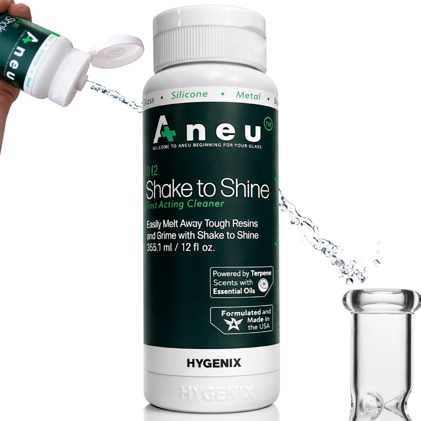 Aneu Shake to Shine (1 Pack) - Fast-Acting Cleaner | Shake Away Tough Resins & Grime | Cleans Glass, Silicone, Metal, & Borosilicate | 12oz - 1 Pack