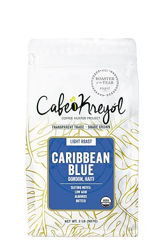 Cafe Kreyol Organic Caribbean Blue | 2 lb - Haitian Blue Light Roast Coffee - Whole Bean Coffee, High Caffeine - Smooth Low Acid with Notes of Almond