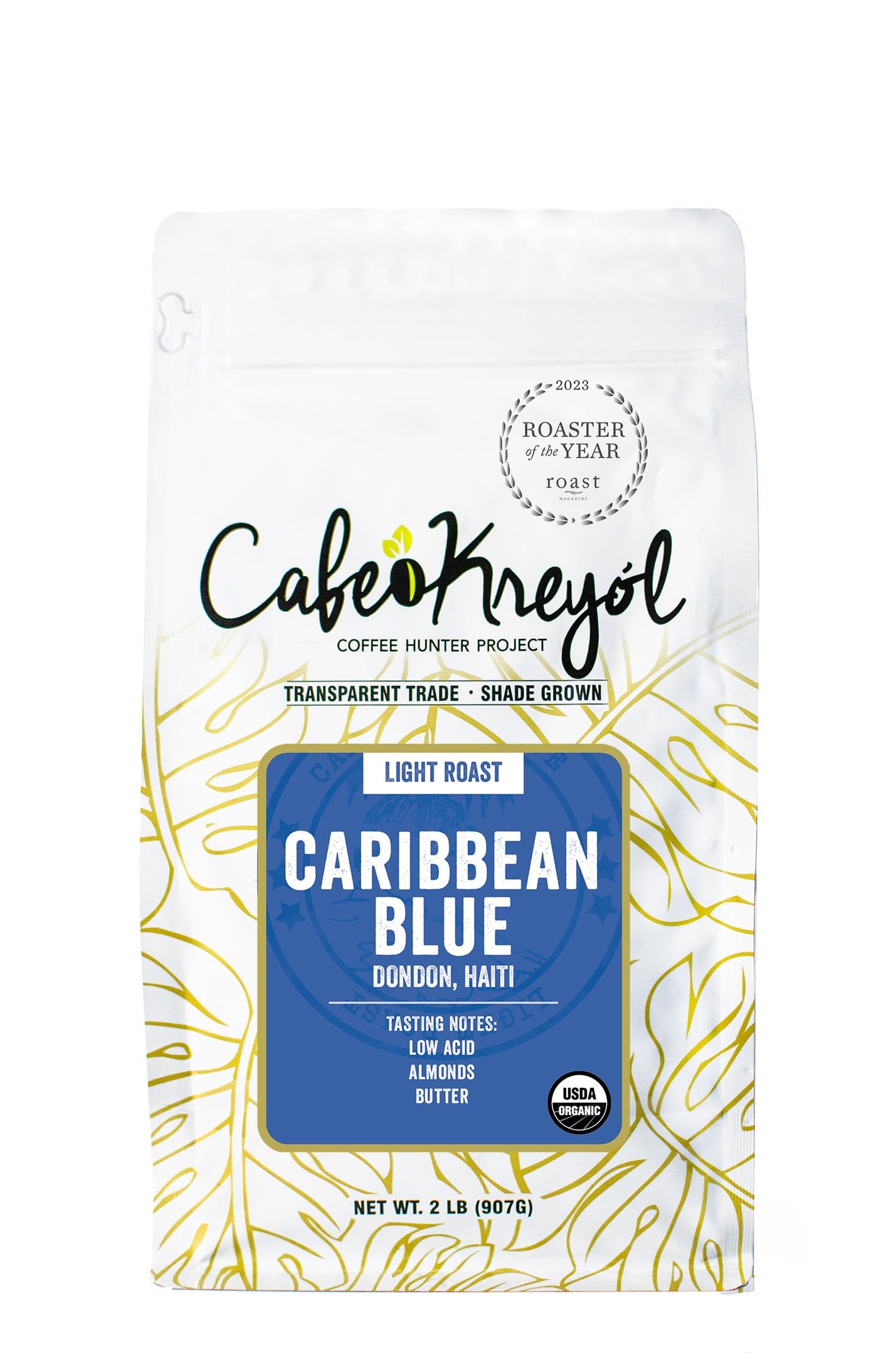 Cafe Kreyol Organic Caribbean Blue | 2 lb - Haitian Blue Light Roast Coffee - Whole Bean Coffee, High Caffeine - Smooth Low Acid with Notes of Almond