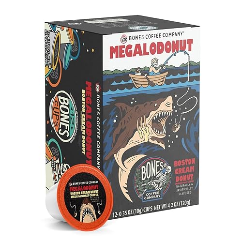 Bones Coffee Company Megalodonut, Boston Cream Donut Flavored Coffee Pods, Low Acid Medium Roast Single-Serve Bones Cups, Compatible with Capsule