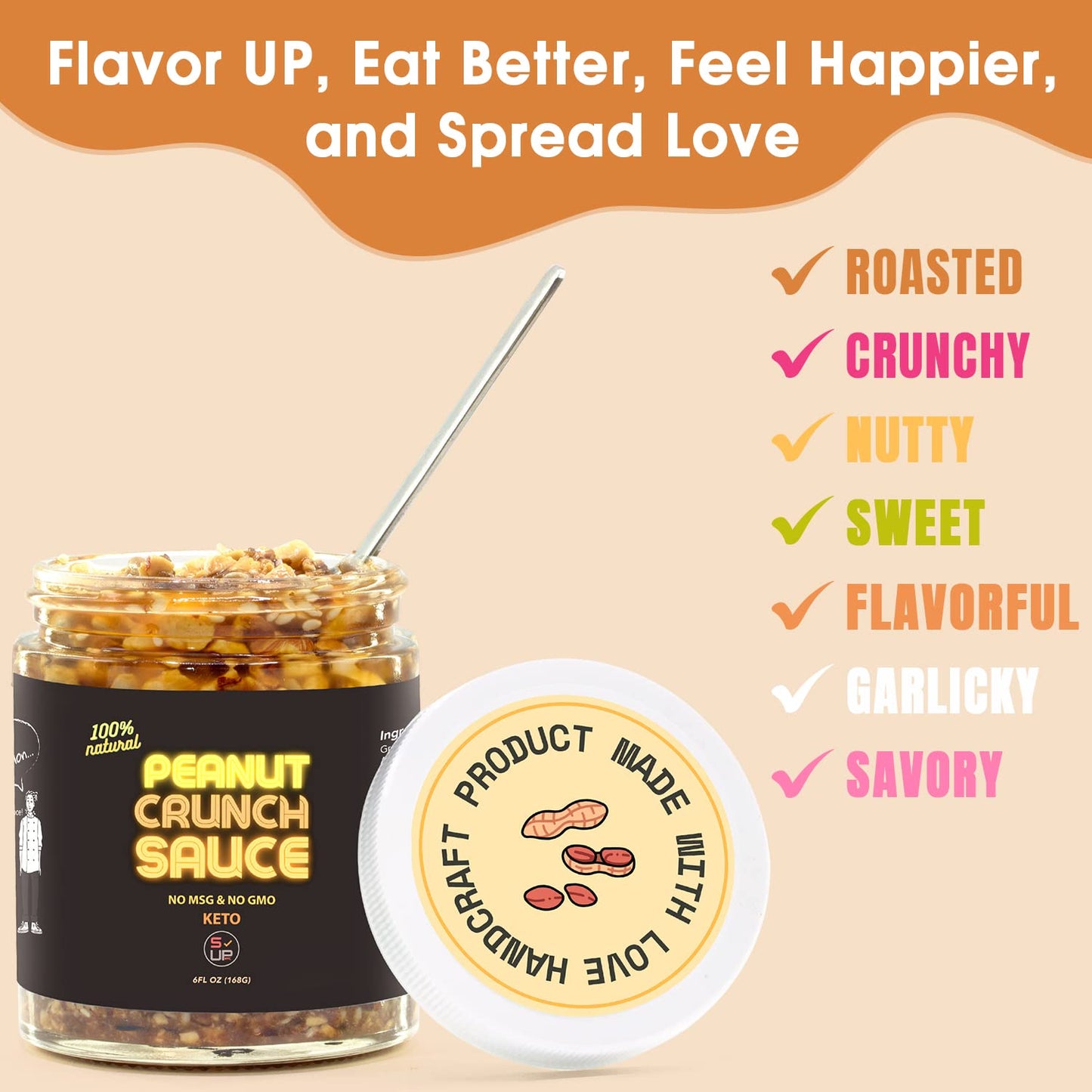 SAUCE UP Asian-Inspired Peanut Crunch Sauce | Bold, Savory & Thick with Roasted Peanut Chunks | Vegan, Keto, Gluten-Free, Non-GMO, No MSG | Perfect