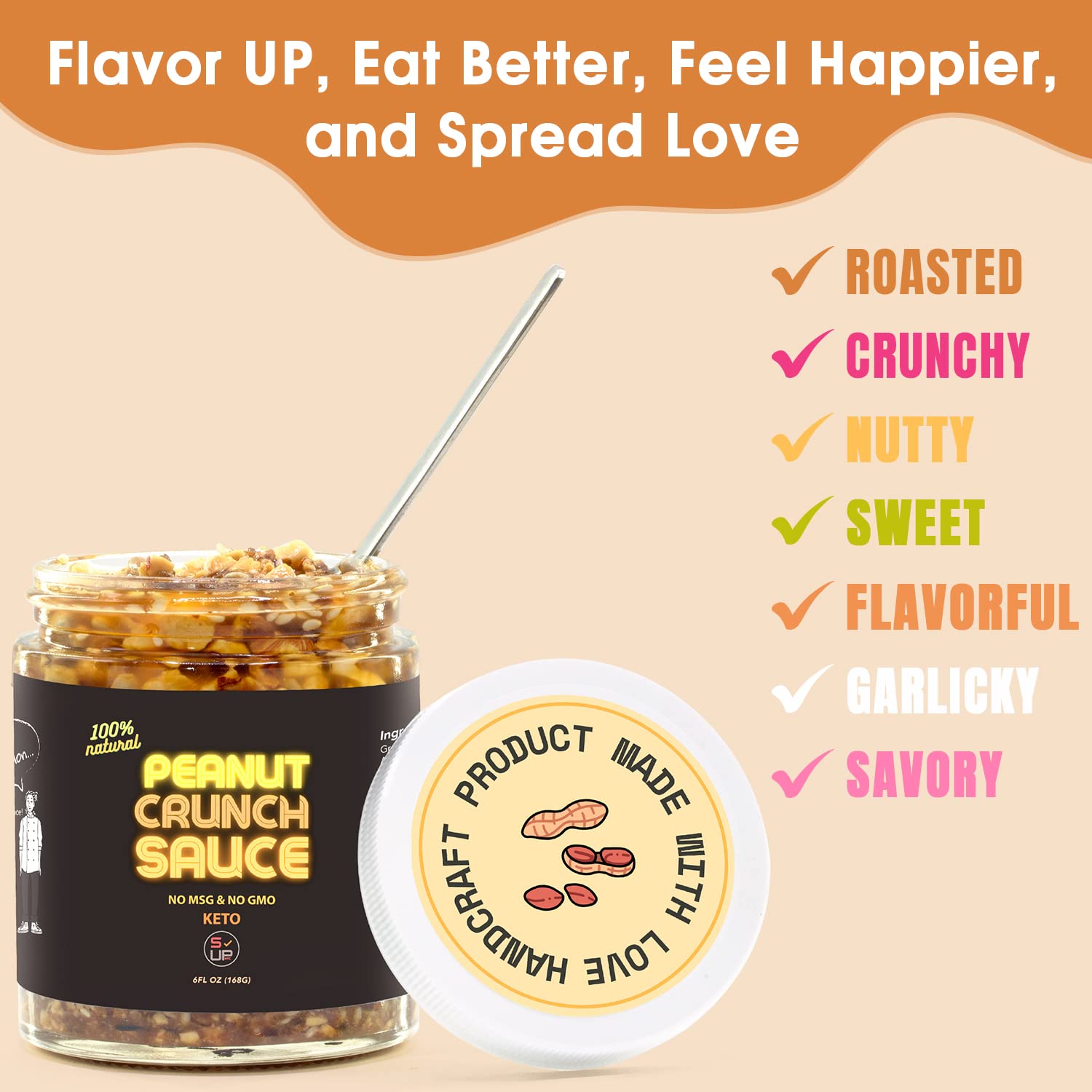 SAUCE UP Asian-Inspired Peanut Crunch Sauce | Bold, Savory & Thick with Roasted Peanut Chunks | Vegan, Keto, Gluten-Free, Non-GMO, No MSG | Perfect