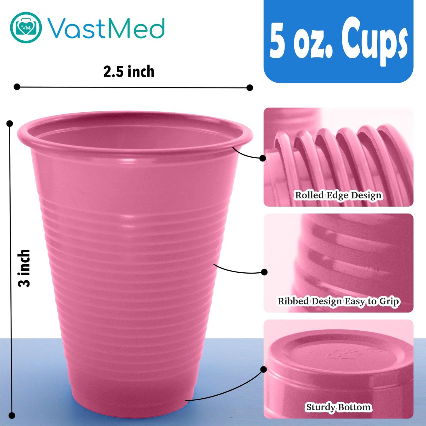 VASTMED 100 PCs Dental Grade Disposable 5oz Plastic Cup Pink Sturdy & Durable for Drinking Cup | Perfect as Rinsing Cup, Mouthwash