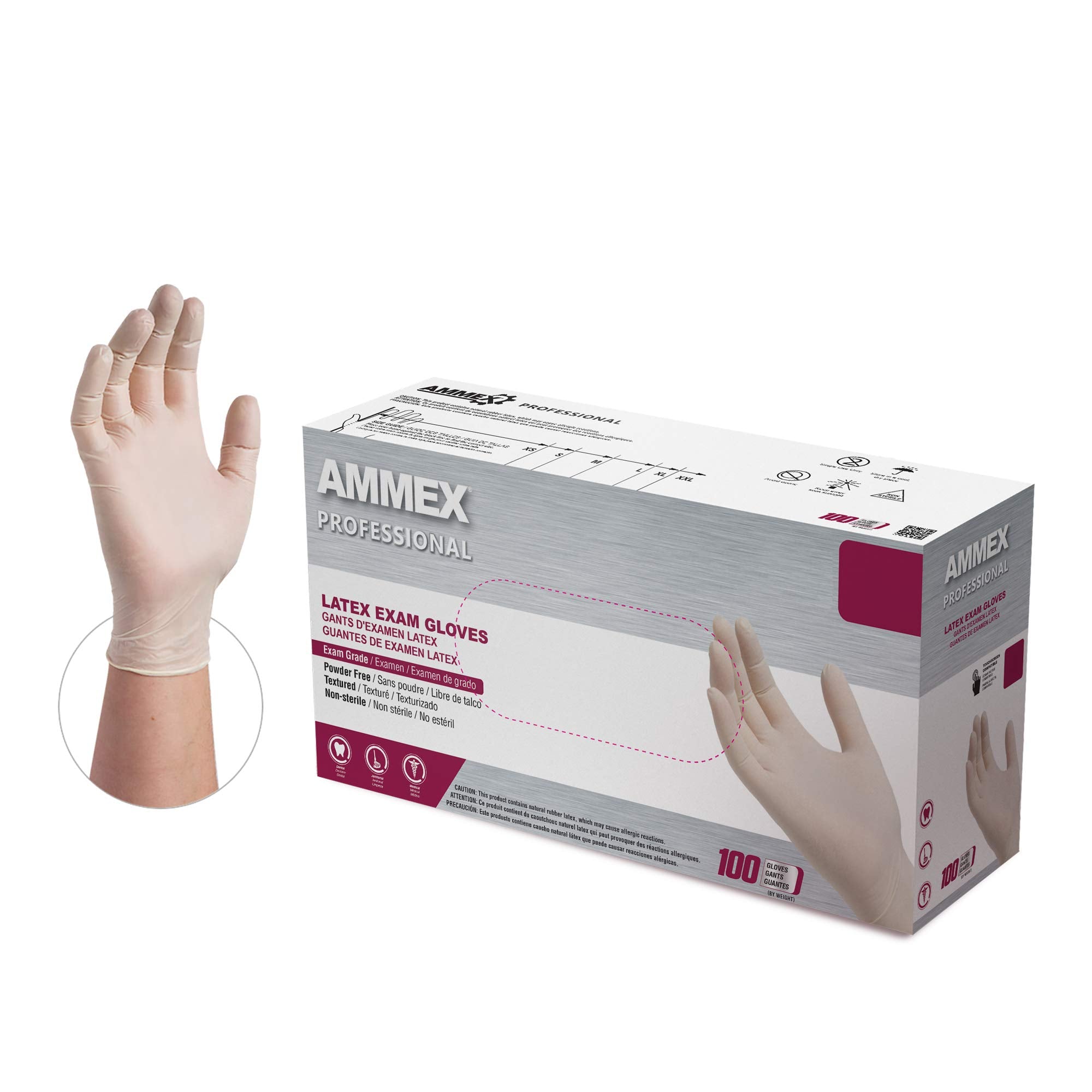 AMMEX White Latex Disposable Exam-Grade Gloves, 4 Mil, Powder-Free, Food-Safe, Lightly-Textured, Non-Sterile