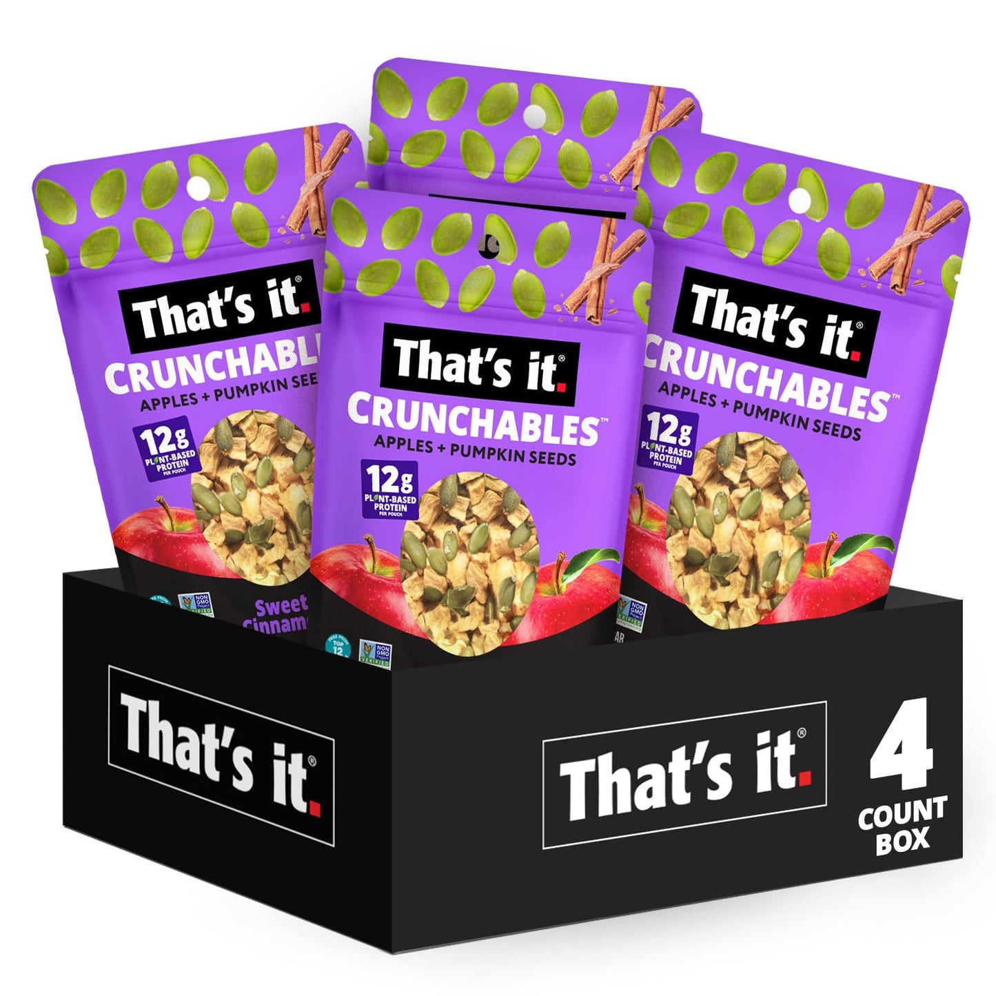 That's it. Crunchables (Apple + Sweet Cinnamon) Plant Based Protein, Gluten-Free Crunchy Snack Mix, (4 Packs x 2.5oz) Perfect for Salad Topper
