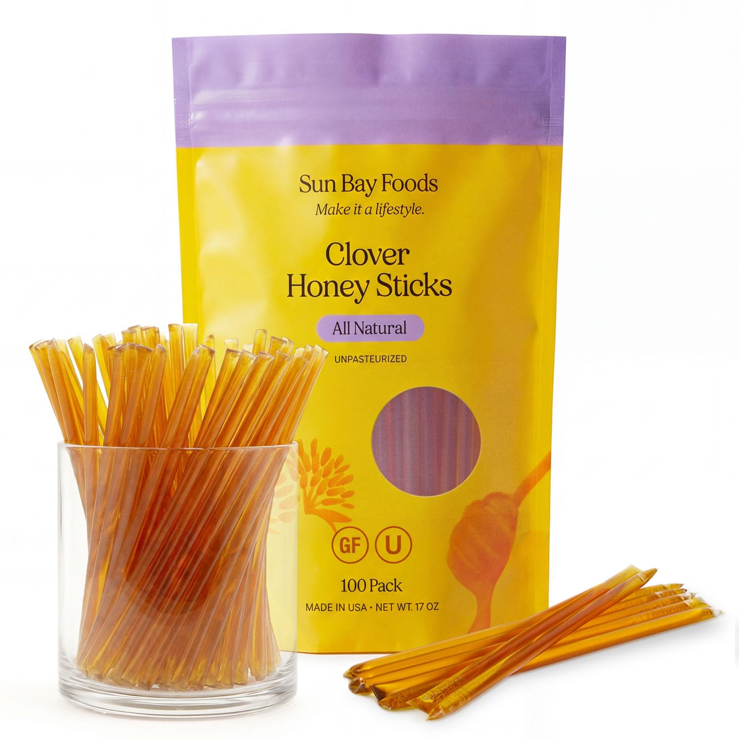 SBO Honey Sticks - 100 Count of Raw Unfiltered Non-GMO Single Serve Pure Honey Stick Packets for Tea and Snacks - Made in the USA