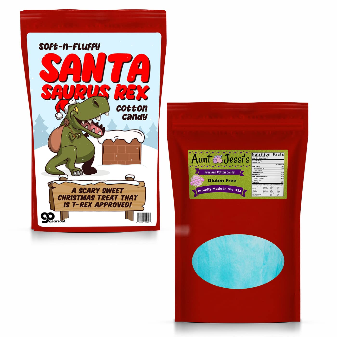 Santa Saurus Rex Cotton Candy - Christmas Candy Gifts for Kids - T-Rex Gift for Dinosaur Lovers - Blue Blueberry Flavor - Stocking Stuffers for Sons