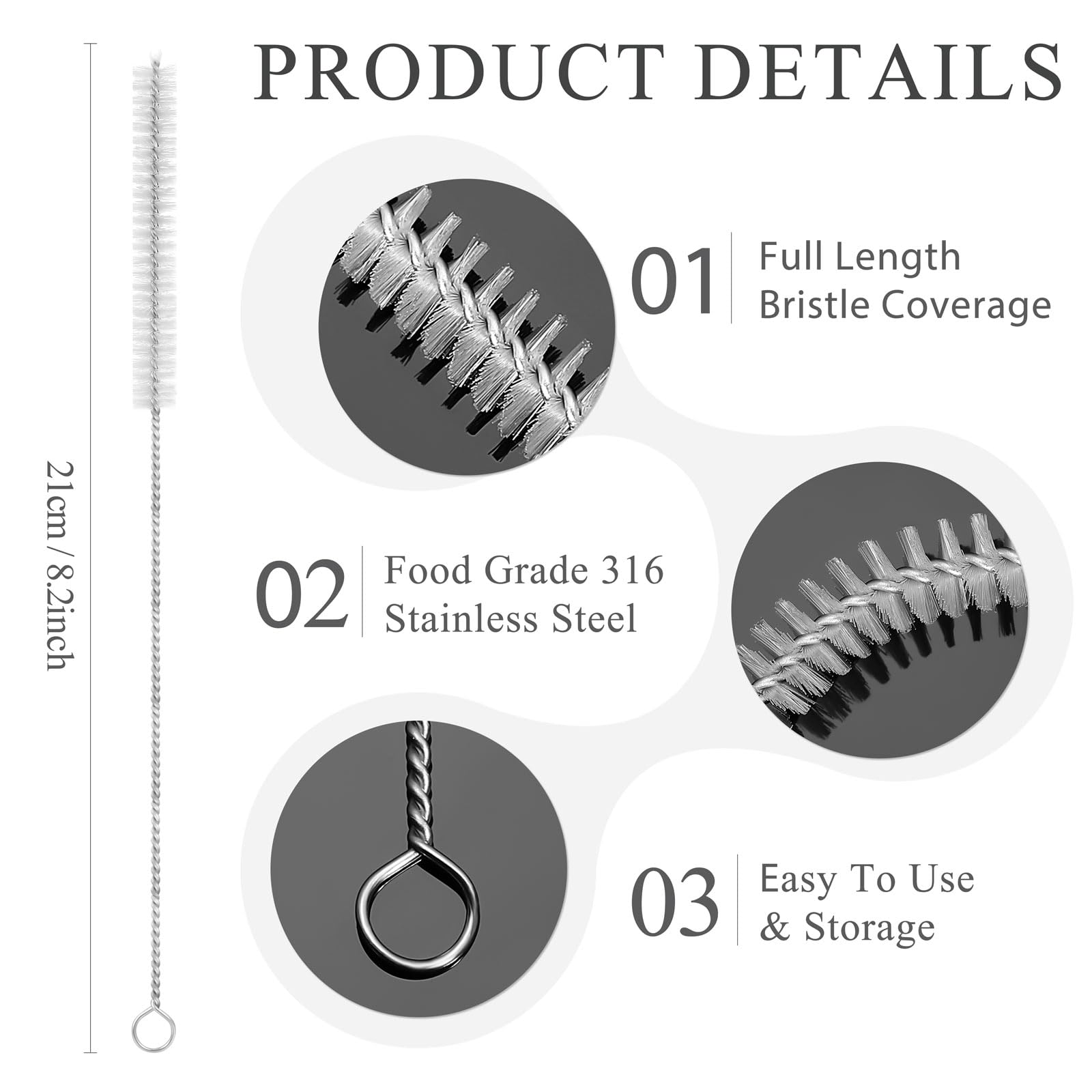 Straw Cleaner Brush, Reusable Metal Handles Straw Cleaning Brush Extra Long for Mug 40, 30, 20 oz, 10mm 15mm Wide for Sippy Cup, Water Bottle