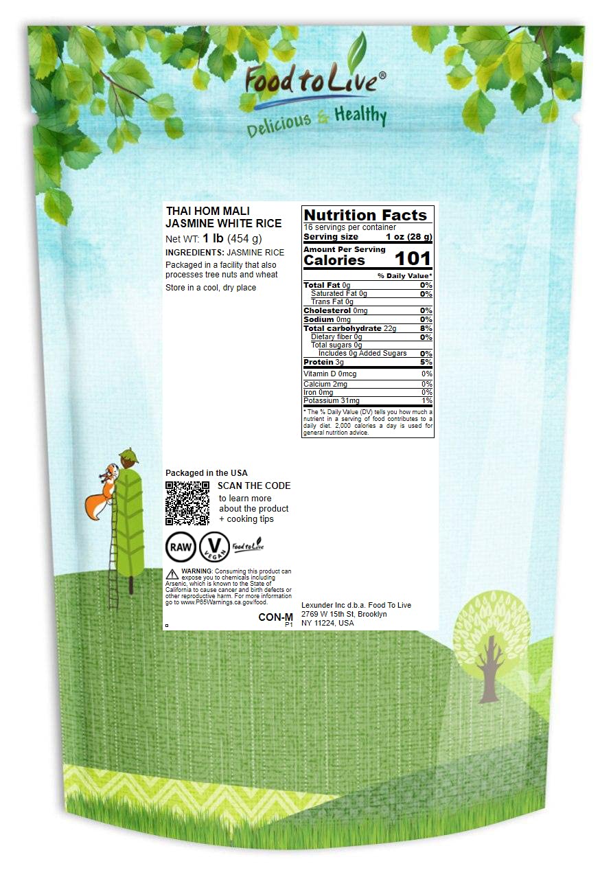 Food to Live Thai Hom Mali Jasmine White Rice, 1 Pound Naturally Fragrant Long-Grain Rice, Flavorful, Raw, Vegan, Bulk. Slightly Sticky Texture. Great for Asian, Indian, and Middle Eastern Cuisines