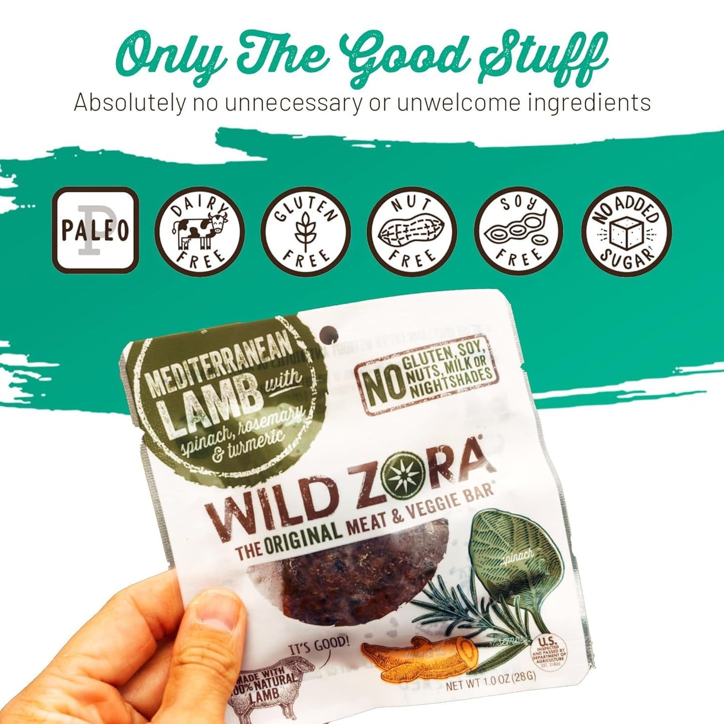 Wild Zora Meat & Veggie Bars, Mediterranean Lamb, 8-Pack, 100% Grass Fed Lamb, Healthy Jerky Paleo Snacks, AIP Friendly, Gluten Free, Soy Free, High