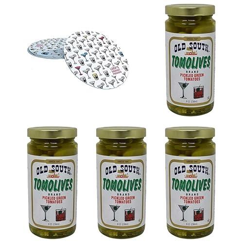 Old South Tomolives Pickled Green Tomatoes 8oz (4 Pack) Bundled with Complimentary 4-count Coasters | Ultimate Martini Garnish | Great Cocktail Snack