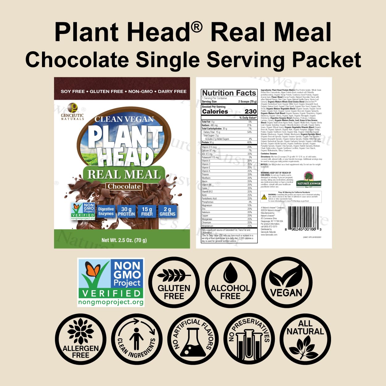 Nature's Answer Plant Head Real Meal Replacement Powder, Chocolate, 30g Protein, 15g Fiber, Vegan, Gluten-Free, Single Servings, 2.5 oz Travel