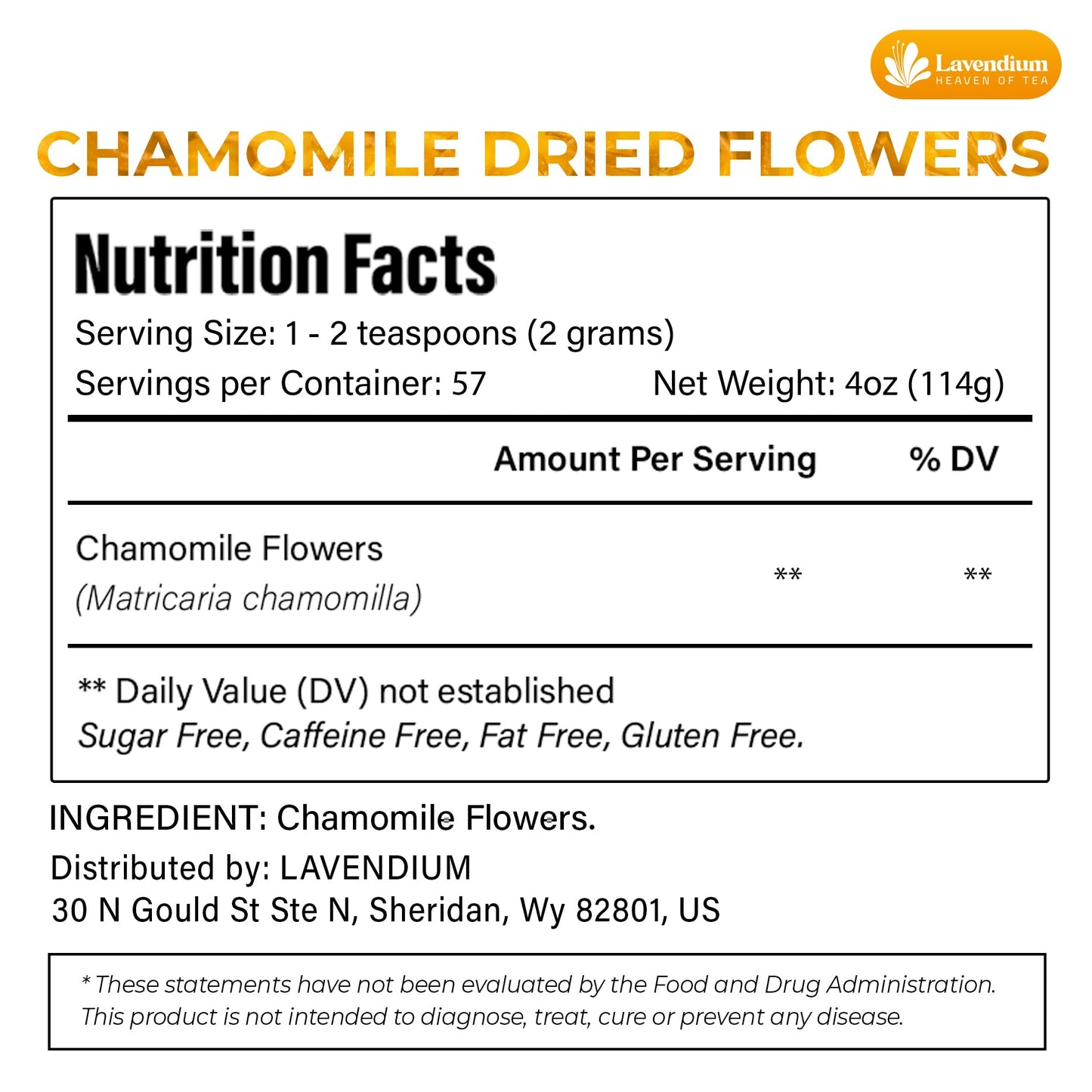 Lavendium, Premium 4oz Dried Chamomile Flowers, 100% Natural & Pure Whole Chamomile Blossoms, No Additives or Preservatives, Non-GMO, Plant-Based