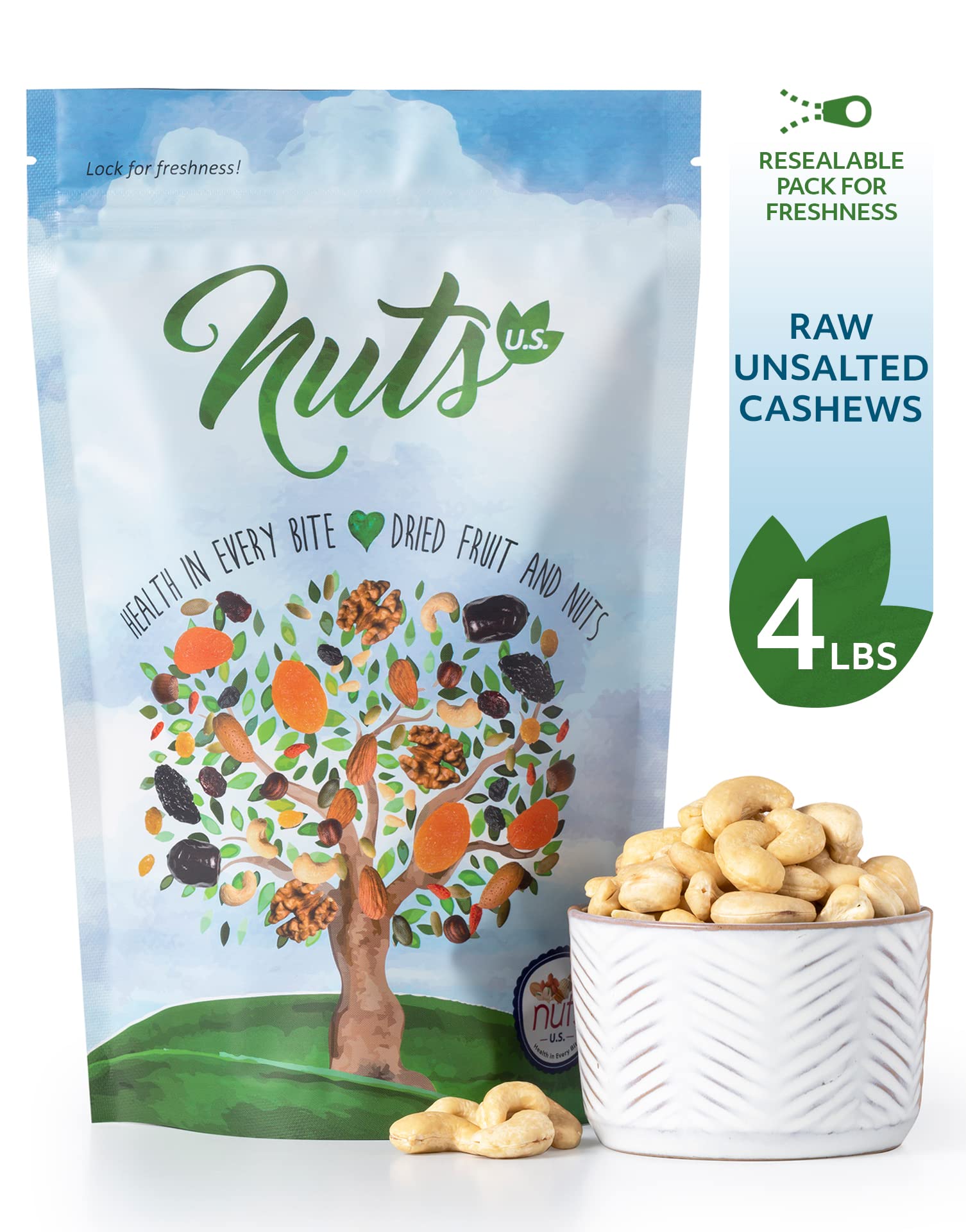 NUTS U.S. - Cashews | Raw and Unsalted | Whole Kernels and No Shell | Fresh & Unroasted | Natural Bulk Cashews !!! (4 LBS)