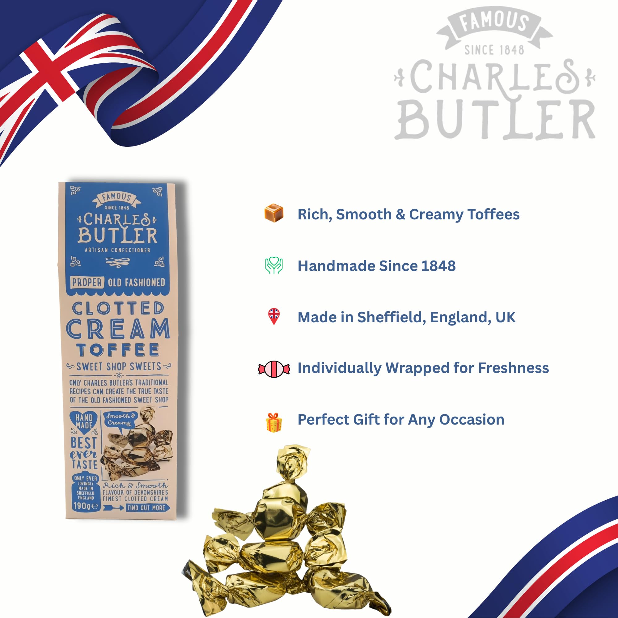 Charles Butler Clotted Cream Toffees 190g (6.7oz) | Handmade English Creamy Toffee Candy Individually Wrapped | Old-Fashioned British Sweets Gift Box