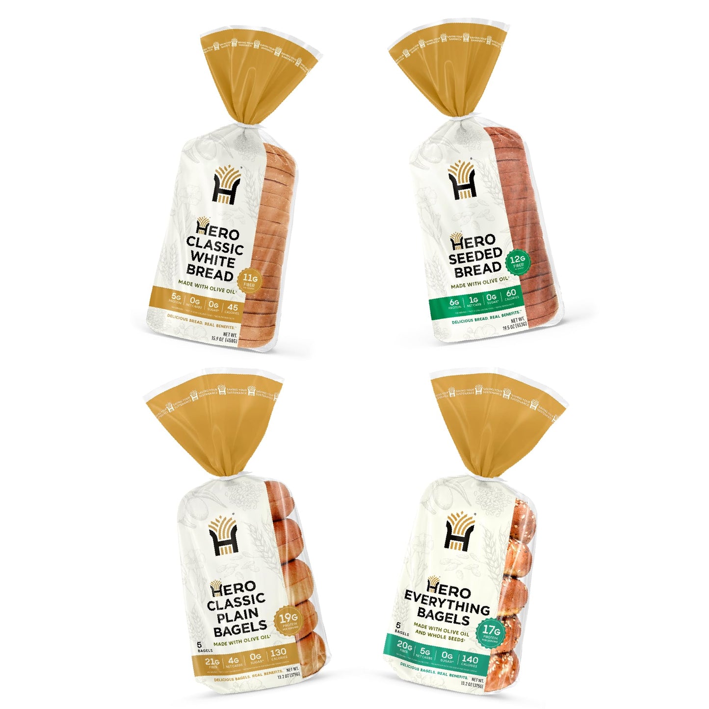 Hero Bread™ Toaster Treats Bundle - High Fiber, 0g Sugar Sliced Breads & Bagels (4 Count)