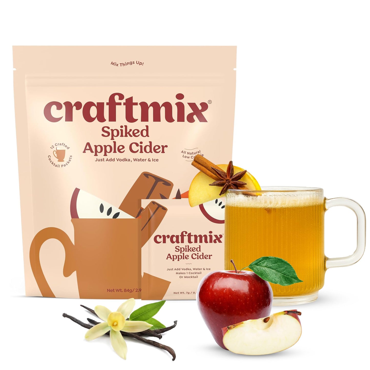 Craftmix Spiked Apple Cider Cocktail & Mocktail Drink Mixer, Skinny Mixes - Water Flavoring Packets - Made With Real Fruit - Vegan, Low-Carb