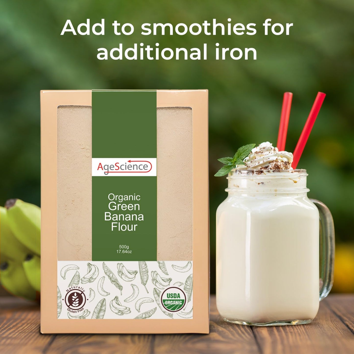 AgeScience Organic Green Banana Flour - USDA Organic Certified - Gluten Free All Purpose Flour Alternative For Baking & Cooking Recipes - Grain Free