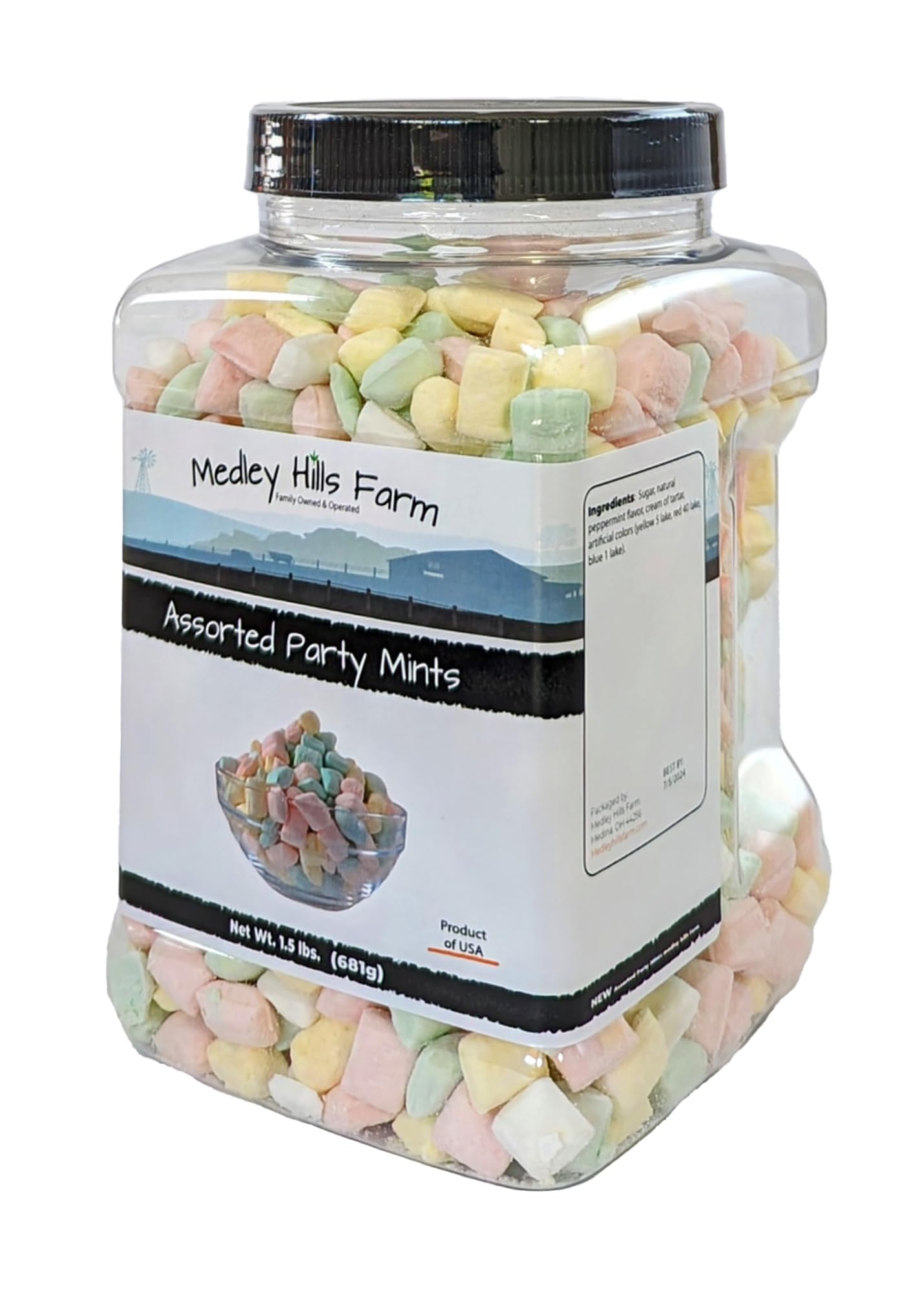 Assorted Party Mints By Medley Hills Farm in Reusable Container 1.5 lbs. - Great wedding mints for guests, baby shower or birthday party - Product