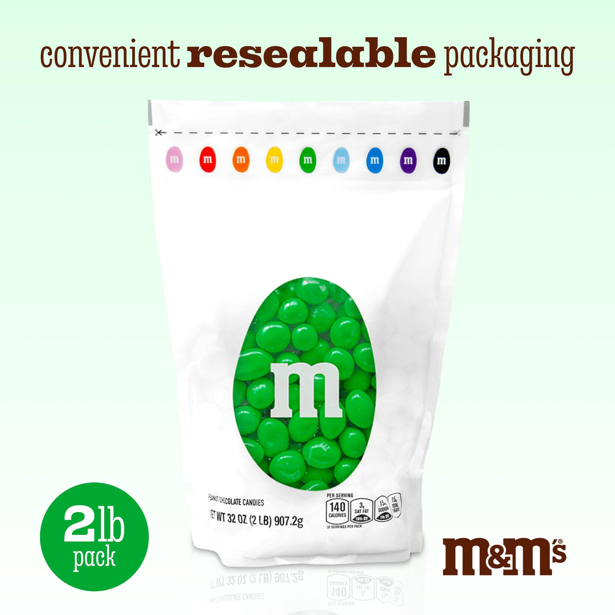 M&M'S Green Peanut Chocolate Candy, 2 lb Bulk Resealable Bag