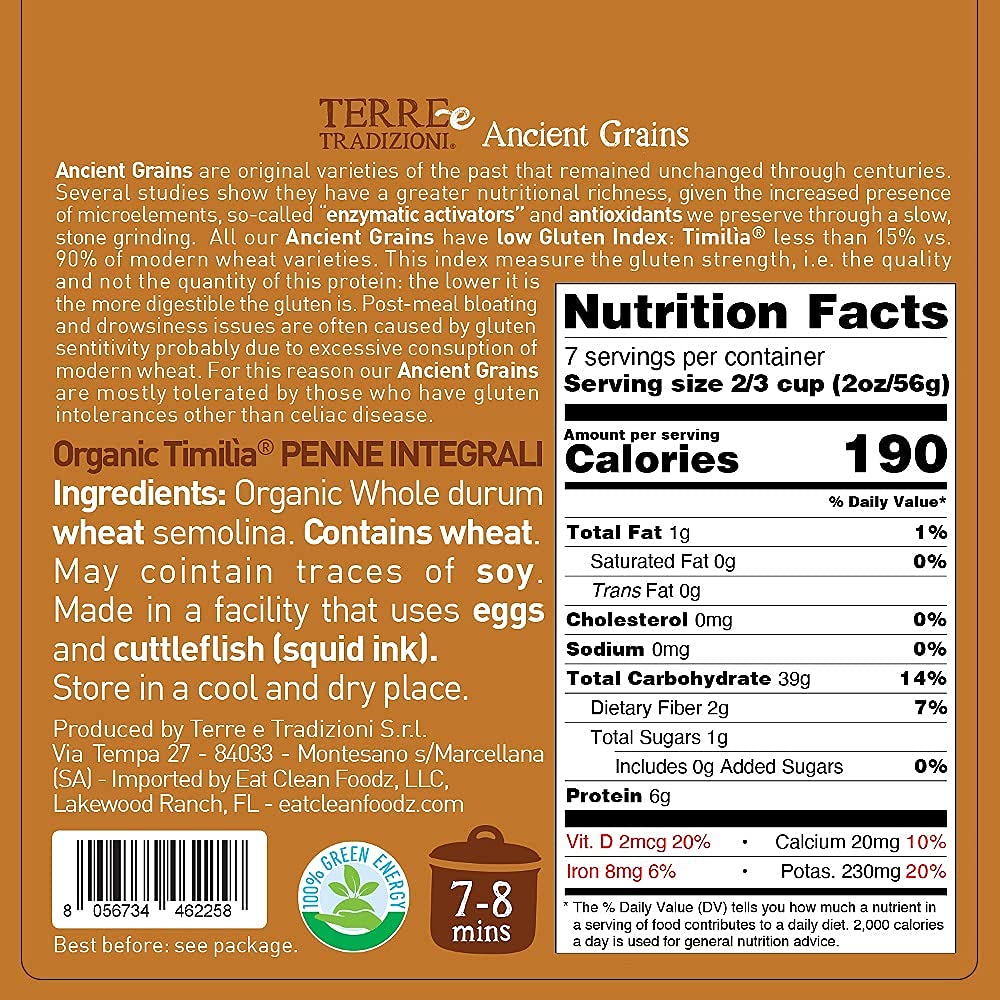 Tere e Tradizionni Organic Timilia/Tumminia Low-Gluten Index Whole Wheat Penne Pasta - Ancient Grains Grown in Sicily Italy - Al Dente Texture