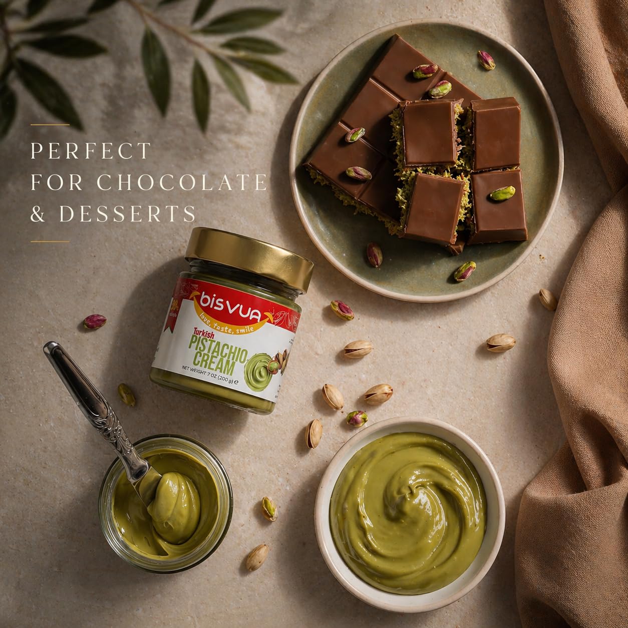 BISVUA Premium Pistachio Cream, 7 Oz (200g) - Natural Sweet Pistachio Butter Spread for Dubai Chocolate Bar, Knafeh & Kataifi | No Palm Oil