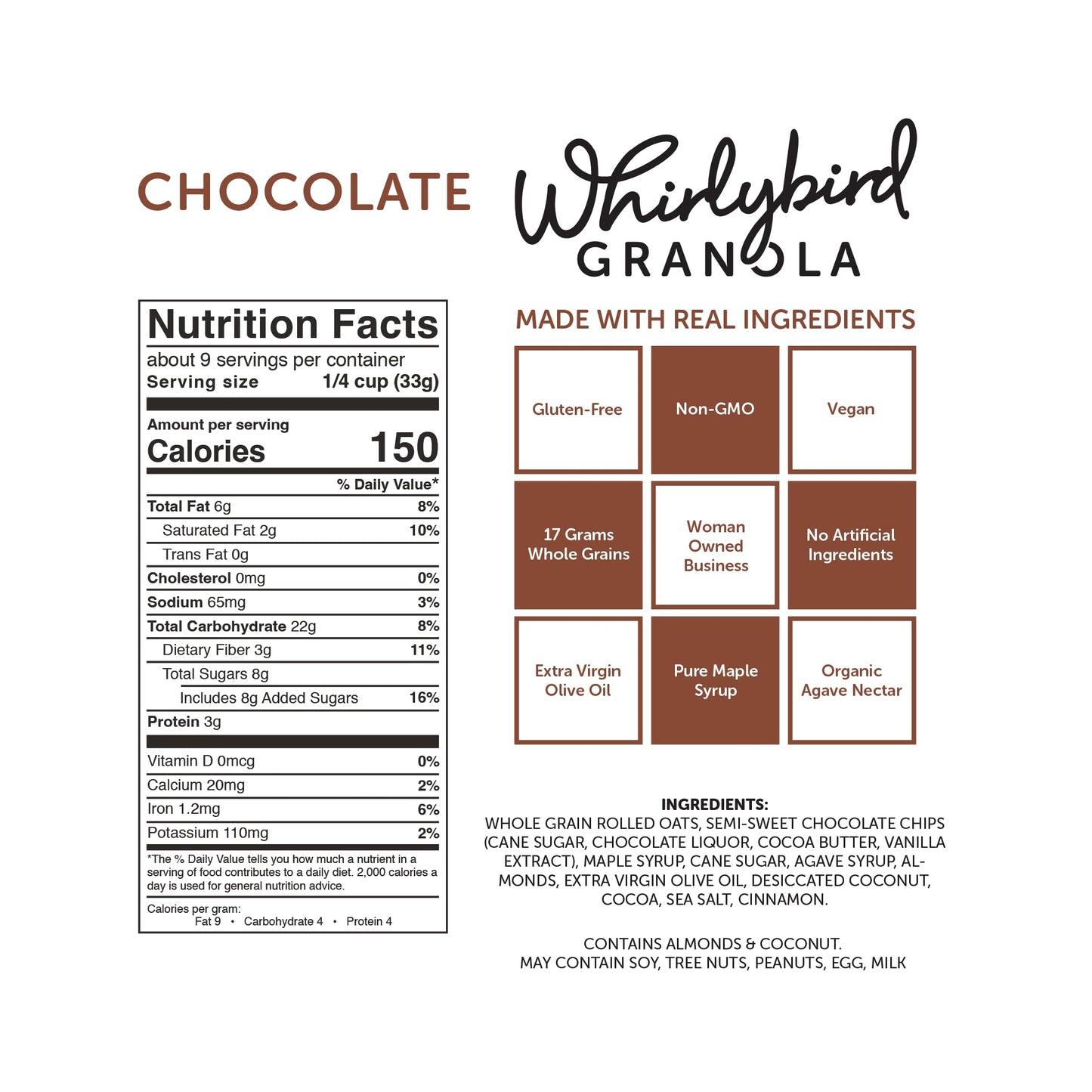 Whirlybird Granola Chocolate, Gluten-Free, Non-GMO, Kosher, Vegan, 11oz (Pack of 3)