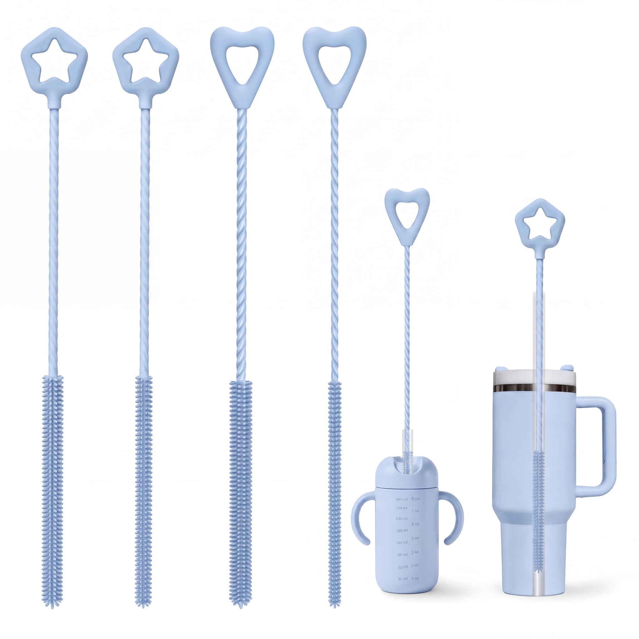 FreshNGo Silicone Straw Cleaner Brush, 4-Pcs Reusable Extra-Long Brush for Cleaning Metal & Glass Straws, Milkshake & Tumbler, 6mm+9mm (4, Blue)