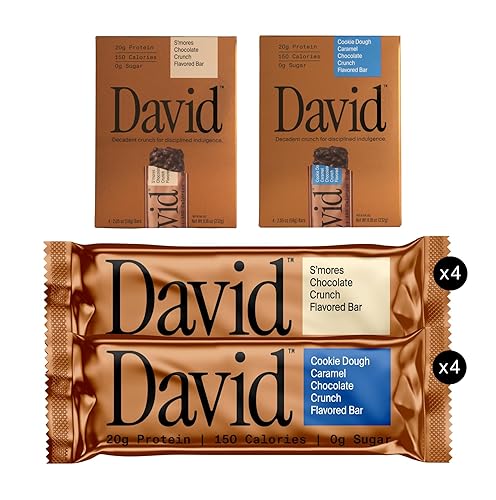 David Bronze High Protein Bars - Cookie Dough Caramel Chocolate Crunch & S'mores Chocolate Crunch Flavored Bar - 0g of Sugar, Low Carb, Gluten Free
