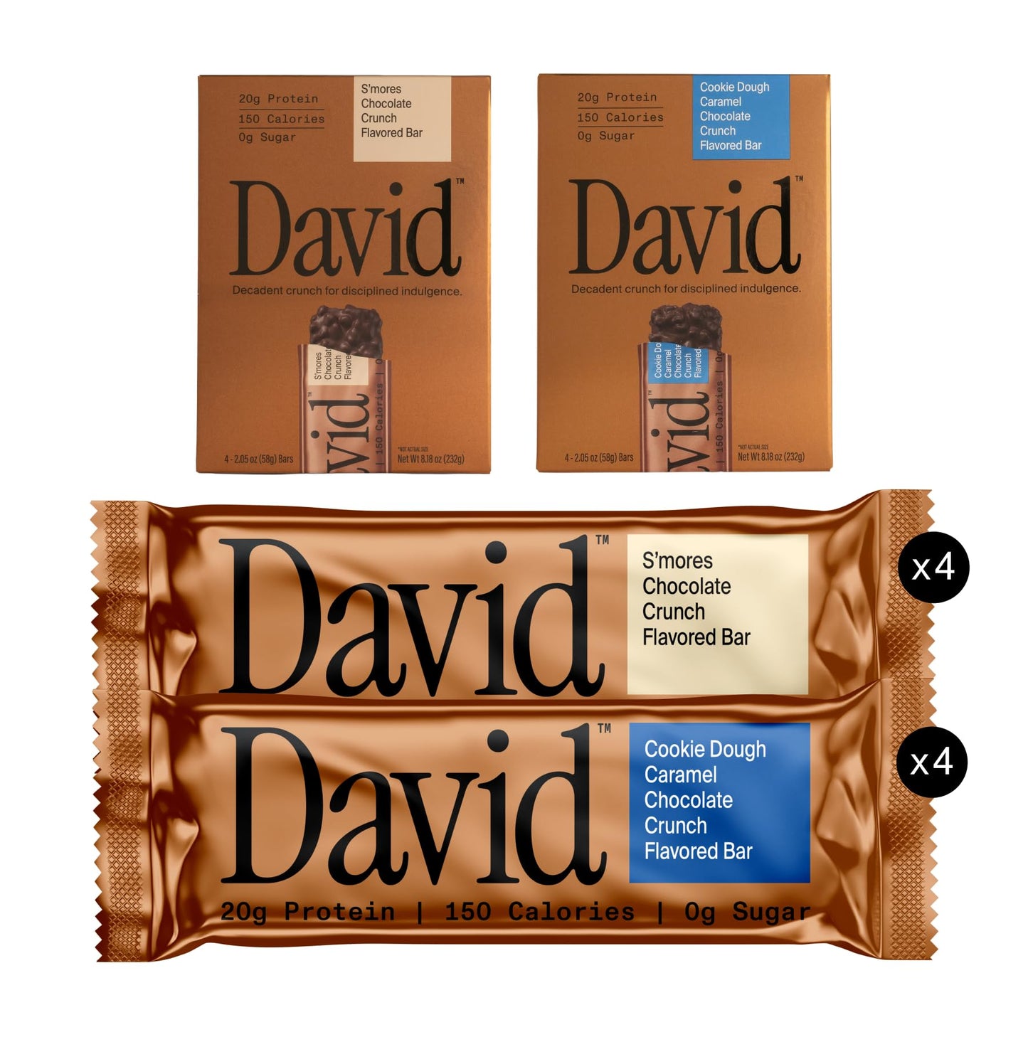 David Bronze High Protein Bars - Cookie Dough Caramel Chocolate Crunch & S'mores Chocolate Crunch Flavored Bar - 0g of Sugar, Low Carb, Gluten Free