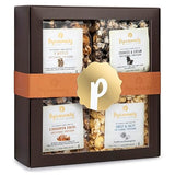 POPINSANITY Gourmet Popcorn Gift Set In A Deep Chocolate Brown Deluxe Box. Overflowing with 4 Bags x 6 Oz Most Popular Popped Popcorn Flavors. Kosher