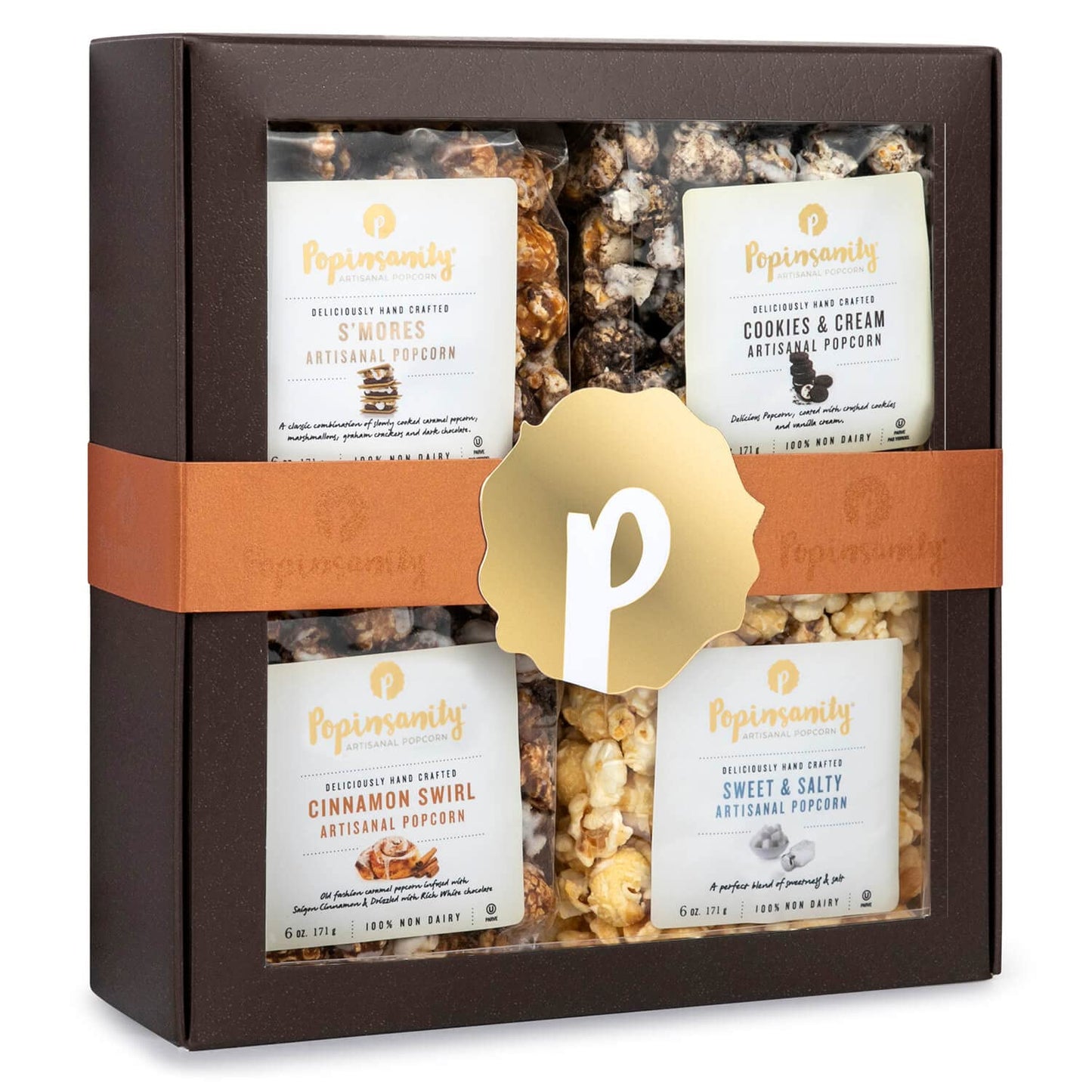 POPINSANITY Gourmet Popcorn Gift Set In A Deep Chocolate Brown Deluxe Box. Overflowing with 4 Bags x 6 Oz Most Popular Popped Popcorn Flavors. Kosher