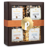 POPINSANITY Gourmet Popcorn Gift Set In A Deep Chocolate Brown Deluxe Box. Overflowing with 4 Bags x 6 Oz Most Popular Popped Popcorn Flavors. Kosher