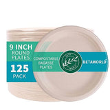 BETAWORLD Compostable Paper Plates 9” - 125 Pack | Heavy Duty Sugarcane Bagasse | Microwave & Leak Proof | Eco-Friendly Disposable Dinner Plates