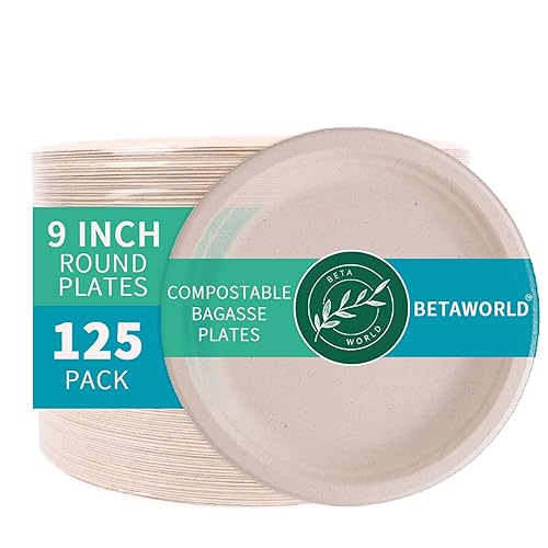 BETAWORLD Compostable Paper Plates 9” - 125 Pack | Heavy Duty Sugarcane Bagasse | Microwave & Leak Proof | Eco-Friendly Disposable Dinner Plates