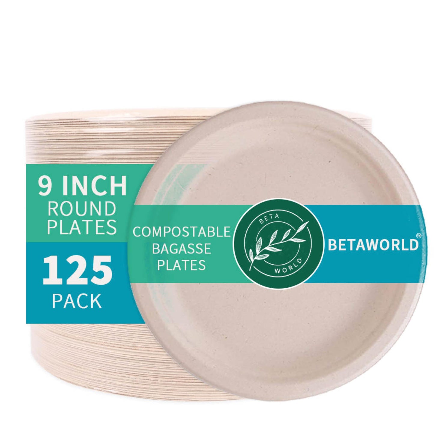 BETAWORLD Compostable Paper Plates 9” - 125 Pack | Heavy Duty Sugarcane Bagasse | Microwave & Leak Proof | Eco-Friendly Disposable Dinner Plates