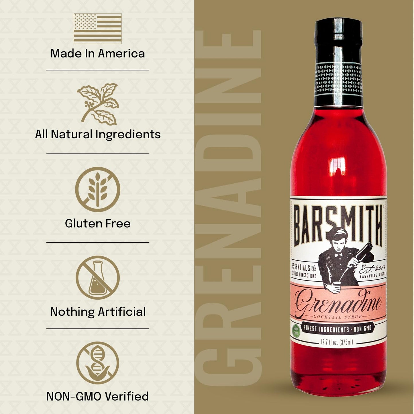 Barsmith Bar Essentials Grenadine Syrup - Sweet Cherry and Pomegranate Notes - No Artificial Flavors & Non-GMO Cocktail Mixer - Ideal for Shirley