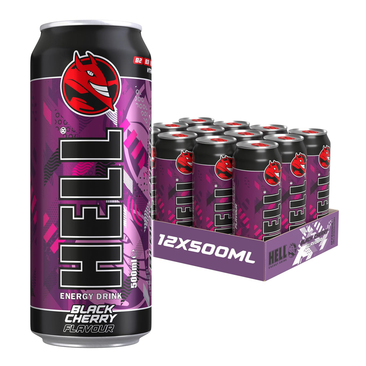 HELL BLACK CHERRY Energy Drink | +20% More Caffeine | Vitamins B2, B3, B6, B12, C & D | No Preservatives | Environmentally Friendly Packaging | 12 x