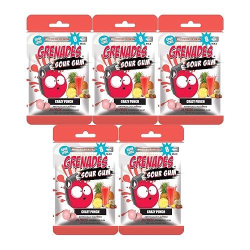 Grenades Gum SOURS - Intense Sour Power Sugar-Free Chewing Gum - SOUR GUM Variety Pack of 5 (120 Pieces) - CRAZY PUNCH Flavor