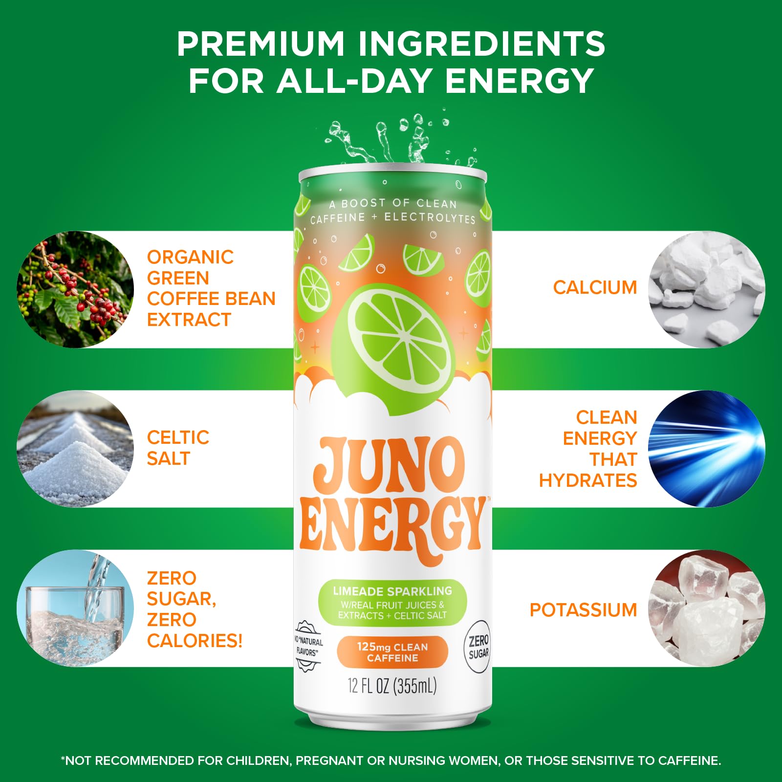 JUNO ENERGY Limeade Sparkling Energy Drink - Sugar Free Electrolytes, Energizing and Hydrating with 125mg Organic Caffeine from Green Coffee Beans