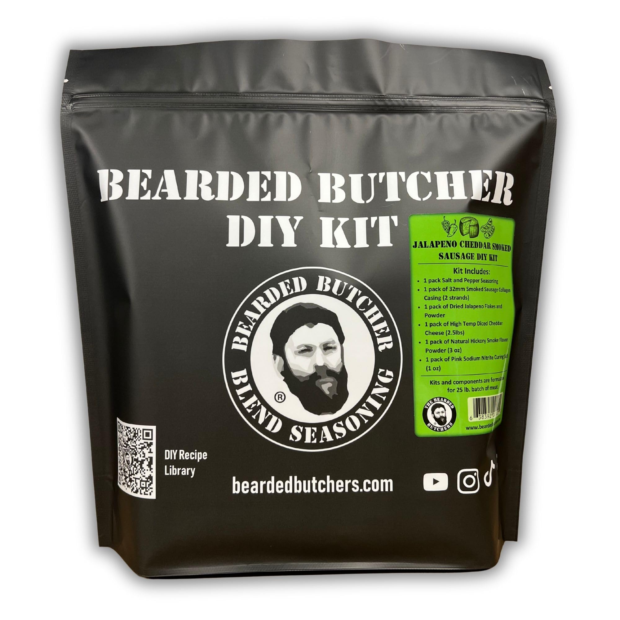 Bearded Butchers Jalapeño Cheddar Smoked Sausage DIY Kit - Bold & Spicy Flavor with High-Temp Cheddar Cheese, Hickory Smoke Powder, & 32mm Smoked