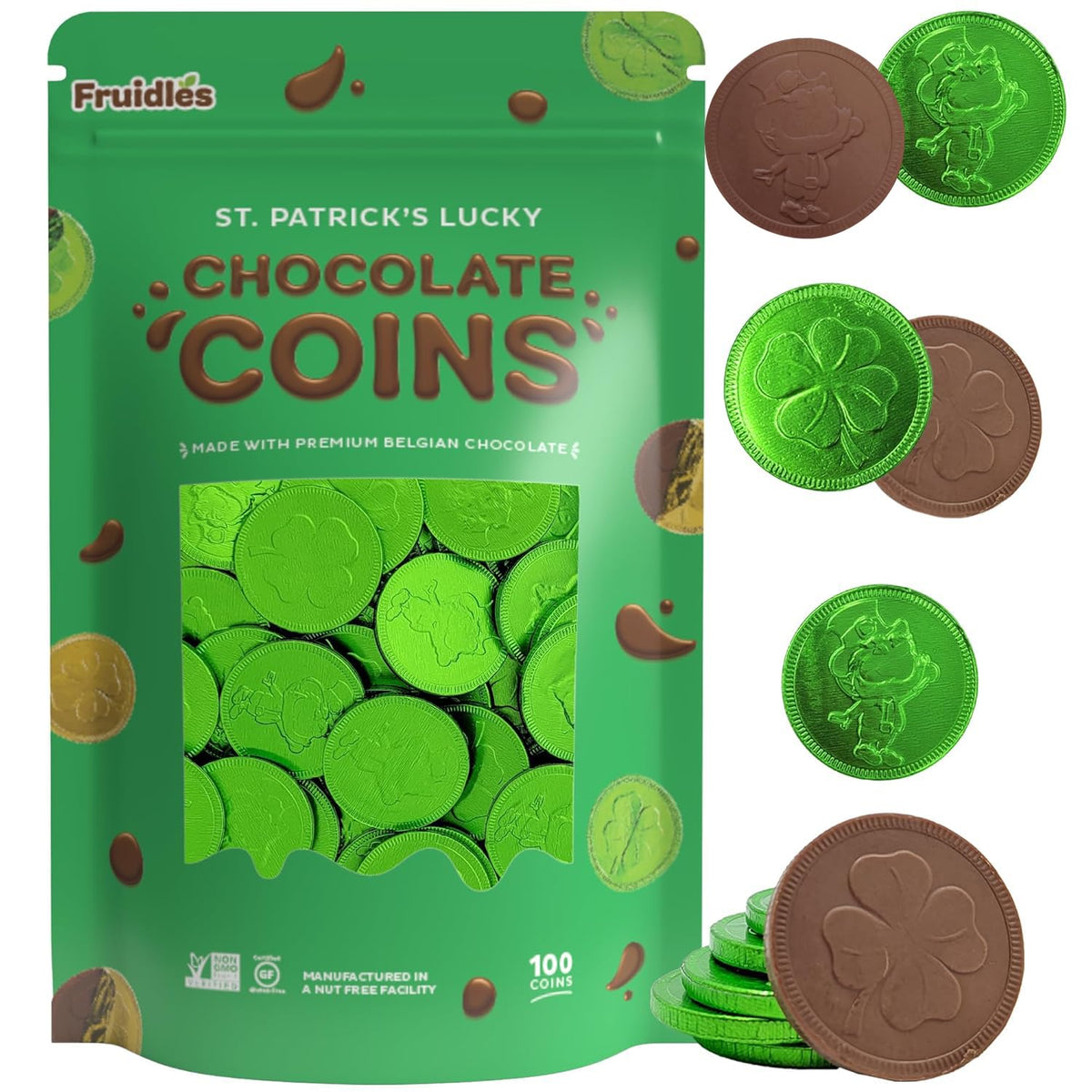 Saint Patrick's Day 100 Clover Shamrock Leprechaun Green Coins, Premium Belgian Nut-Free Candy, Kosher (100-Pack)