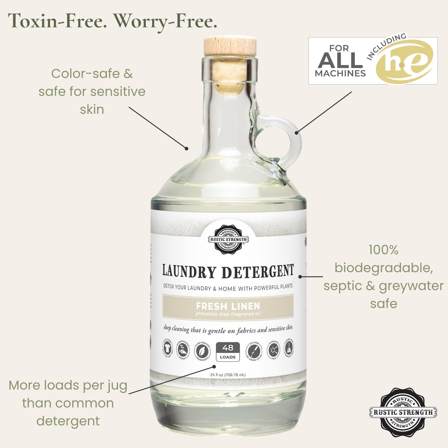 Rustic Strength Natural Laundry Detergent, Fresh Linen Scent, Liquid, Color Safe, Sensitive Skin, HE Compatible, 24 oz Glass
