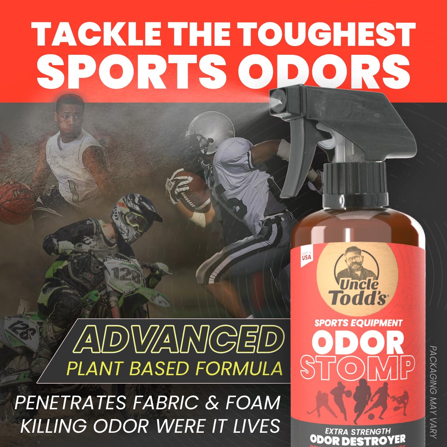 Uncle Todd’s Odor Stomp Sports Equipment Odor Eliminator Spray - Extra Strength Enzyme-Powered Deodorizer for Football, Hockey, Gym Bags, and Athletic