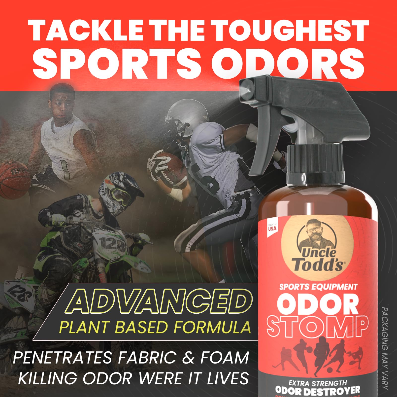 Uncle Todd’s Odor Stomp Sports Equipment Odor Eliminator Spray - Extra Strength Enzyme-Powered Deodorizer for Football, Hockey, Gym Bags, and Athletic