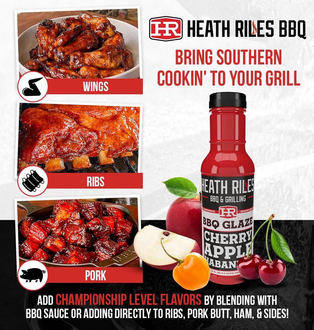 Heath Riles BBQ Cherry Apple Habanero BBQ Glaze - Rib Candy Apple Cherry Habanero, Sweet & Spicy Rib Glaze for Pork or Ham - 80+ BBQ Championships, 12