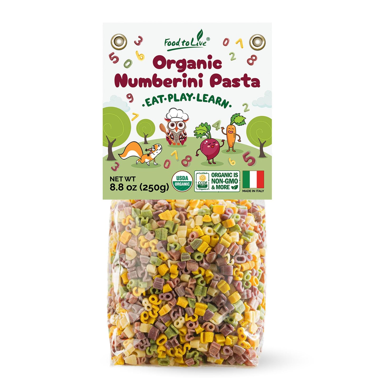Food to Live Organic Numberini Pasta - Eat. Play. Learn, 8.8 oz (Pack of 1) - Multicolor Italian Fun Kid's Pasta, Made with Roots and Vegetables