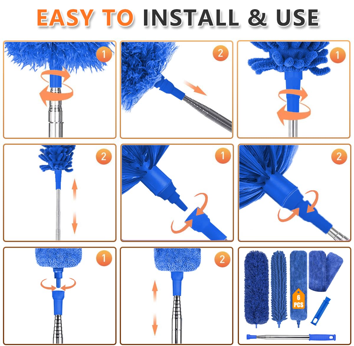 Professional Microfiber Feather Dusters for Cleaning, 6PCS Extendable Bendable Dusters with 100" Telescopic Pole, Washable & Reusable Cleaning Kit