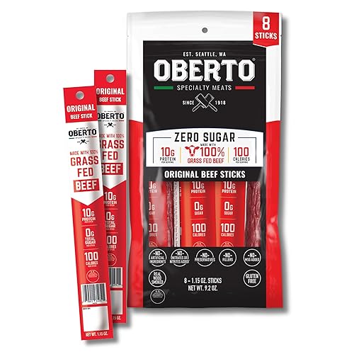 Oberto Grass Fed Beef Sticks - Original, Zero Sugar, No Artificial Ingredients, High Protein, Gluten Free, Wood Smoked, Premium Grass Fed Meat Sticks