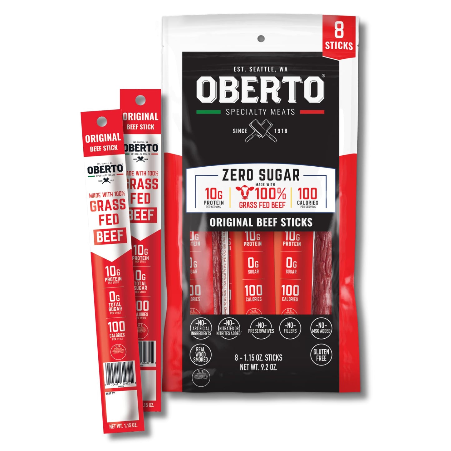Oberto Grass Fed Beef Sticks - Original, Zero Sugar, No Artificial Ingredients, High Protein, Gluten Free, Wood Smoked, Premium Grass Fed Meat Sticks